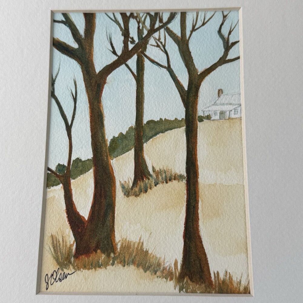 Watercolor Painting Original Signed 7.5x5.5 On 8x10 Mat House On Hill w Trees